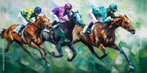 courses hippique, chevaux et jockey stylisé en peinture moderne - style peinture à l'huile au couteau - illustration ia