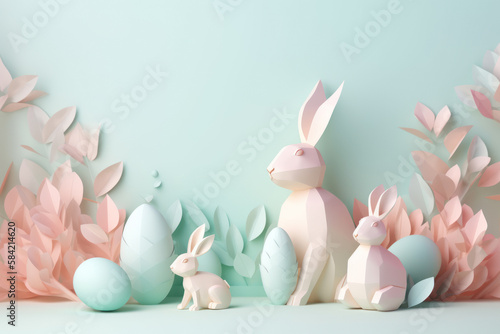 Paper art Easter bunny and eggs on a blue and pink pastel background. Easter template of paper figures with copy space. Photorealistic illustration generated by AI. photo