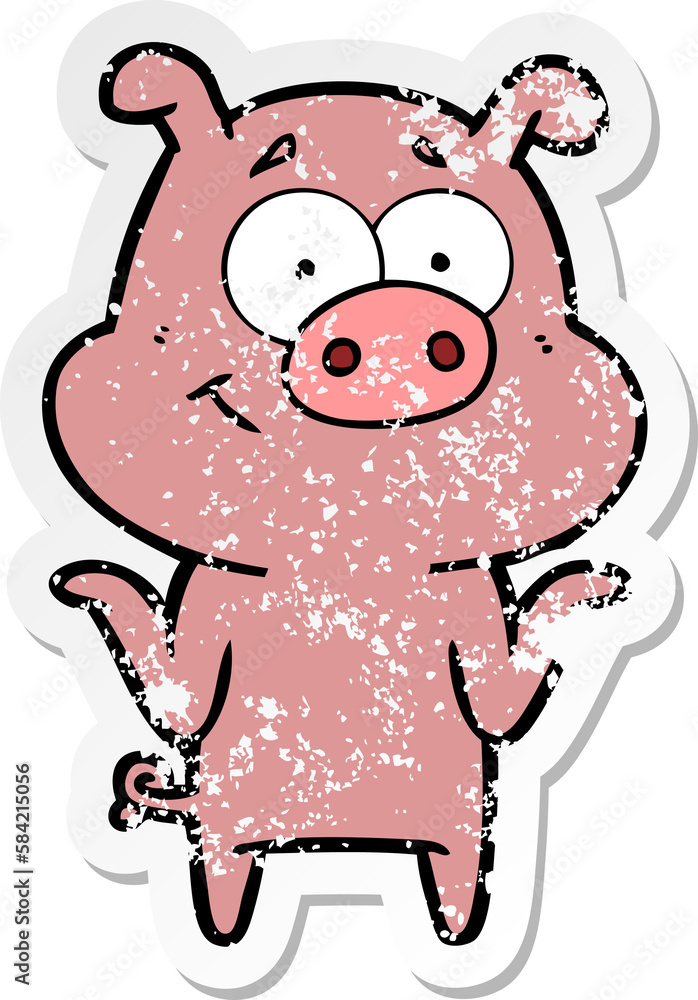 distressed sticker of a happy cartoon pig distressed sticker of a happy cartoon pig