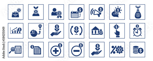 Investment icon set. Containing investor, mutual fund, asset, risk management, economy, financial gain, interest and stock icons