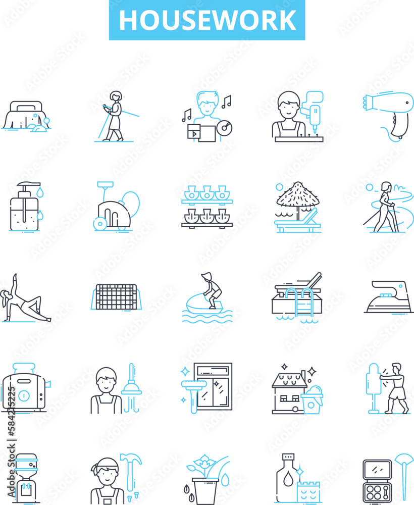 Housework vector line icons set. Cleaning, Dusting, Laundering, Vacuuming, Mopping, Ironing, Dishes illustration outline concept symbols and signs