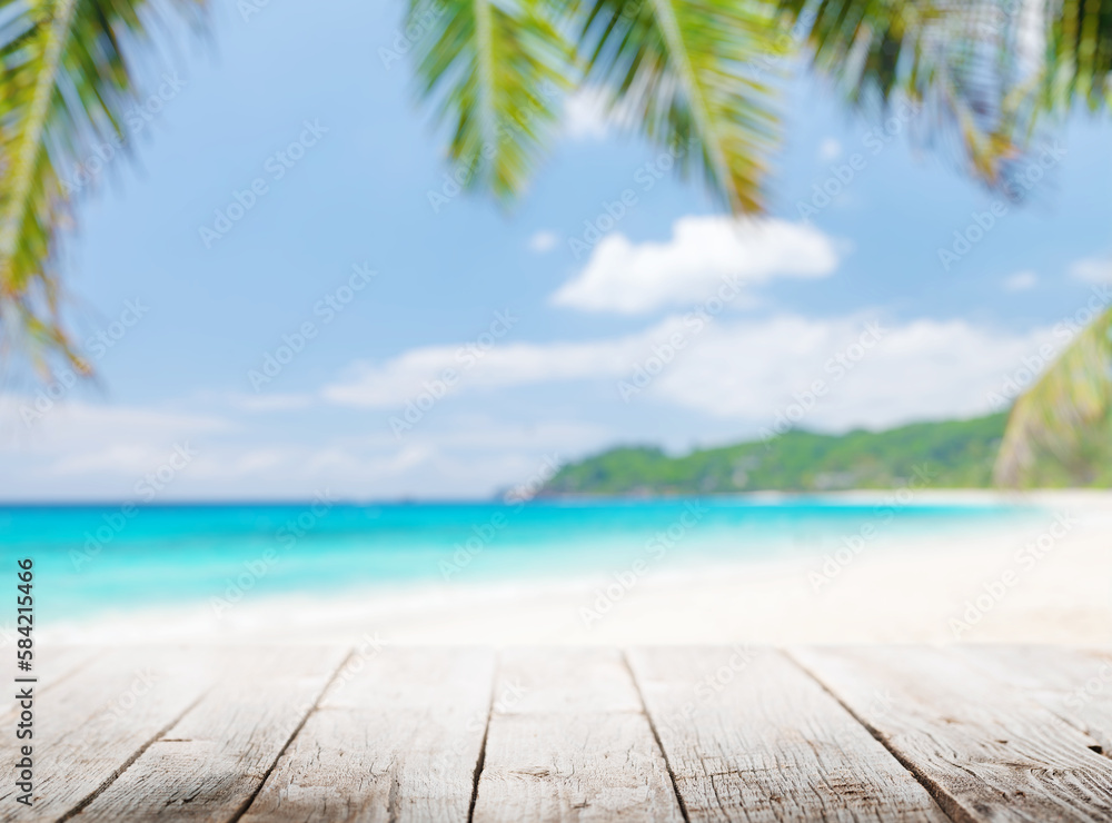 Fototapeta premium Empty wooden table or pier with sunny beach and sea