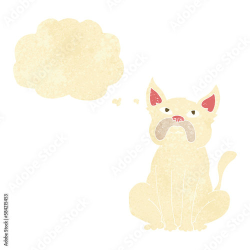 cartoon grumpy little dog with thought bubble