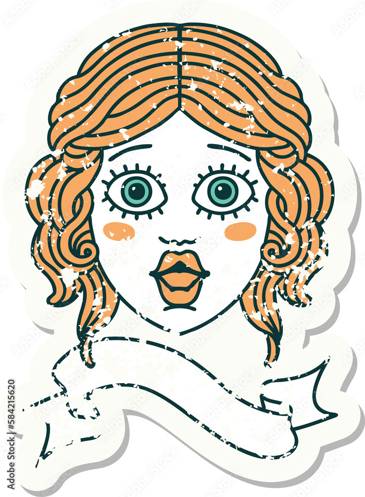 grunge sticker with banner of female face grunge sticker with banner of female face