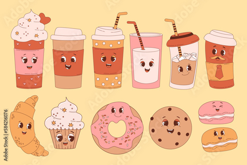 Retro characters sweets and coffe. Cute cartoon coffee in takeaway cup, croissant, cupcake, donut, chocolate chip cookies and macaron. Vector illustration. Big collection in nostalgic style.