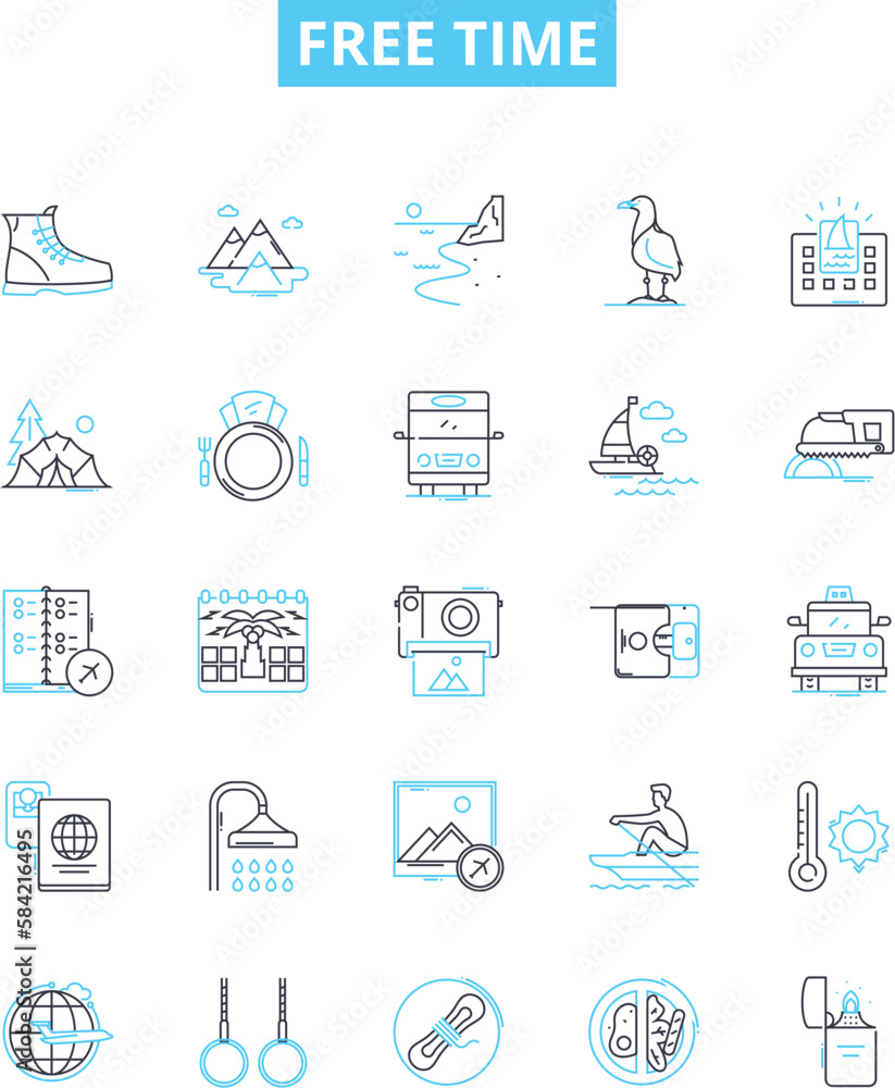 Free time vector line icons set. Leisure, Relaxation, Spare, Recreation, Vacation, Holiday, Idleness illustration outline concept symbols and signs Free time vector line icons set. Leisure, Relaxation, Spare, Recreation, Vacation, Holiday, Idleness illustration outline concept symbols and signs