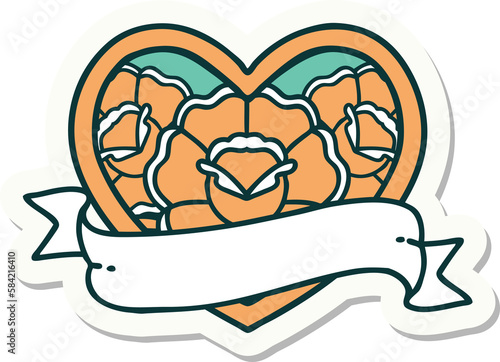 tattoo style sticker of a heart and banner with flowers