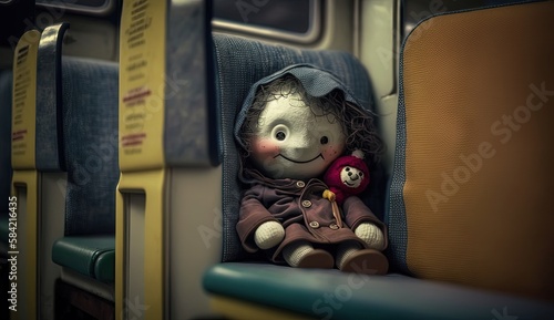 a vintage girl doll on bus seat, lost toy seek way home, Generative Ai