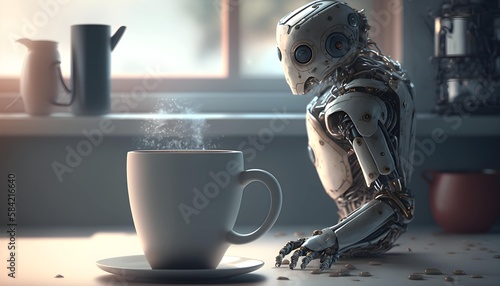 AI robot having a coffee break. Generative AI.