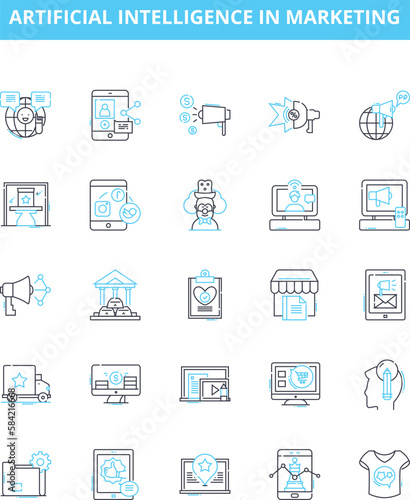 Artificial intelligence in marketing vector line icons set. AI, Marketing, Automation, Analytics, Targeting, Personalization, Machine illustration outline concept symbols and signs