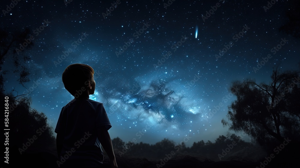 illustration of a boy looking at night starry sky with glitter glow galaxy flicker above, idea for prayer of hope, love, peace theme, Generative Ai illustration of a boy looking at night starry sky with glitter glow galaxy flicker above, idea for prayer of hope, love, peace theme, Generative Ai