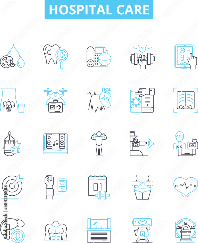 Hospital care vector line icons set. Hospital, Care, Treatment, Nursing, Medicine, Patients, Physician illustration outline concept symbols and signs