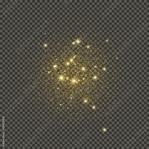 Gold glittering dust on transparent backdrop