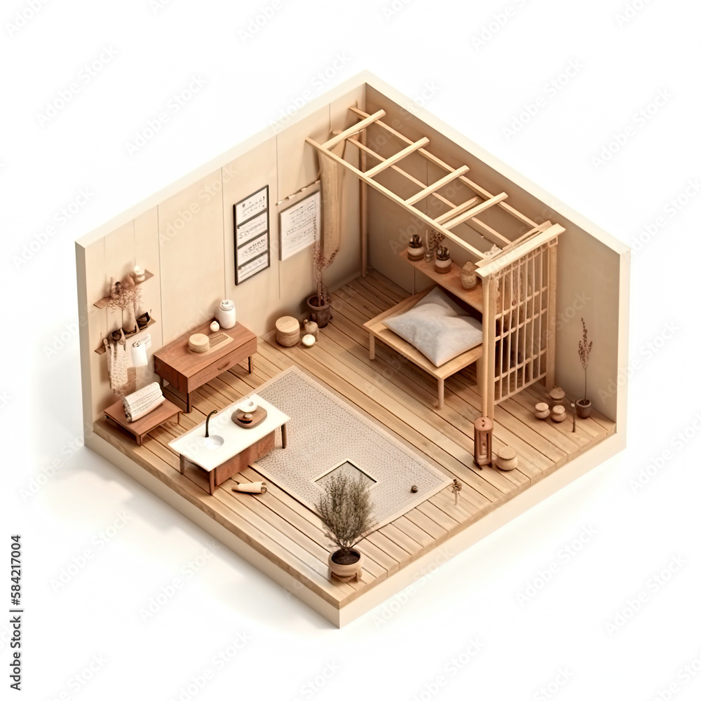 muji style isometric projection tiny miniature room on white background, AI generative muji style isometric projection tiny miniature room on white background, AI generative