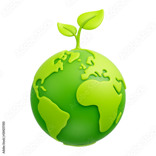 Green cartoon planet Earth with sprout and leaves 3d vector icon on white background. Earth day, ecology, nature and environment conservation concept. Save green planet concept