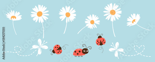 Set of daisy flower, butterflies with dots line and ladybird cartoons on blue background vector illustration.