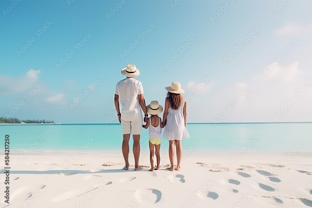 happy family standing at shore of paradise tropical sea, Generative Ai