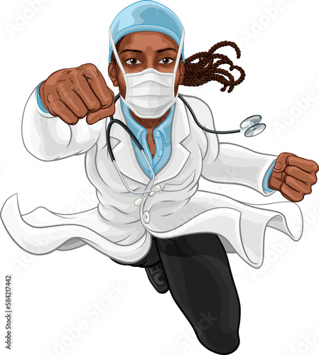 A super hero black woman female doctor flying through the sky in a classic superhero pose