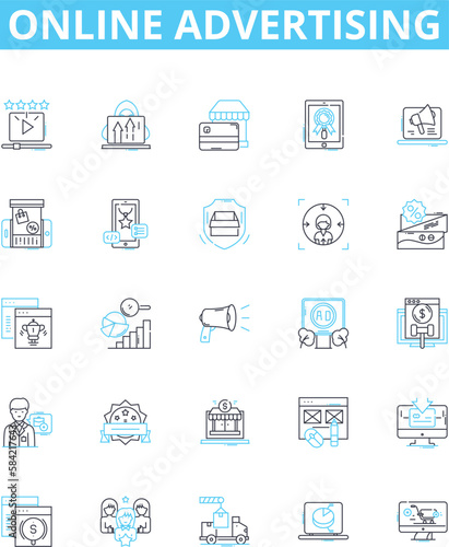 Online advertising vector line icons set. Online, Advertising, Digital, Ads, Marketing, Campaigns, Platforms illustration outline concept symbols and signs