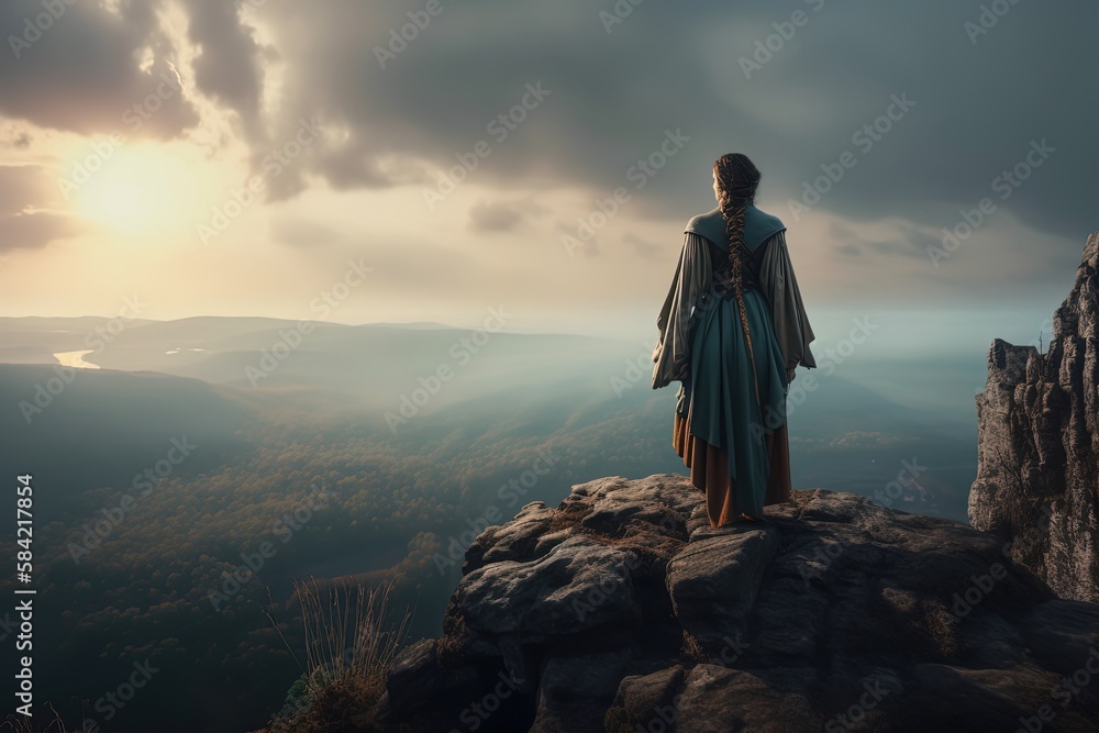 woman in ancient fantasy medieval style outfit standing at mountain peak with morning atmosphere, Generative Ai