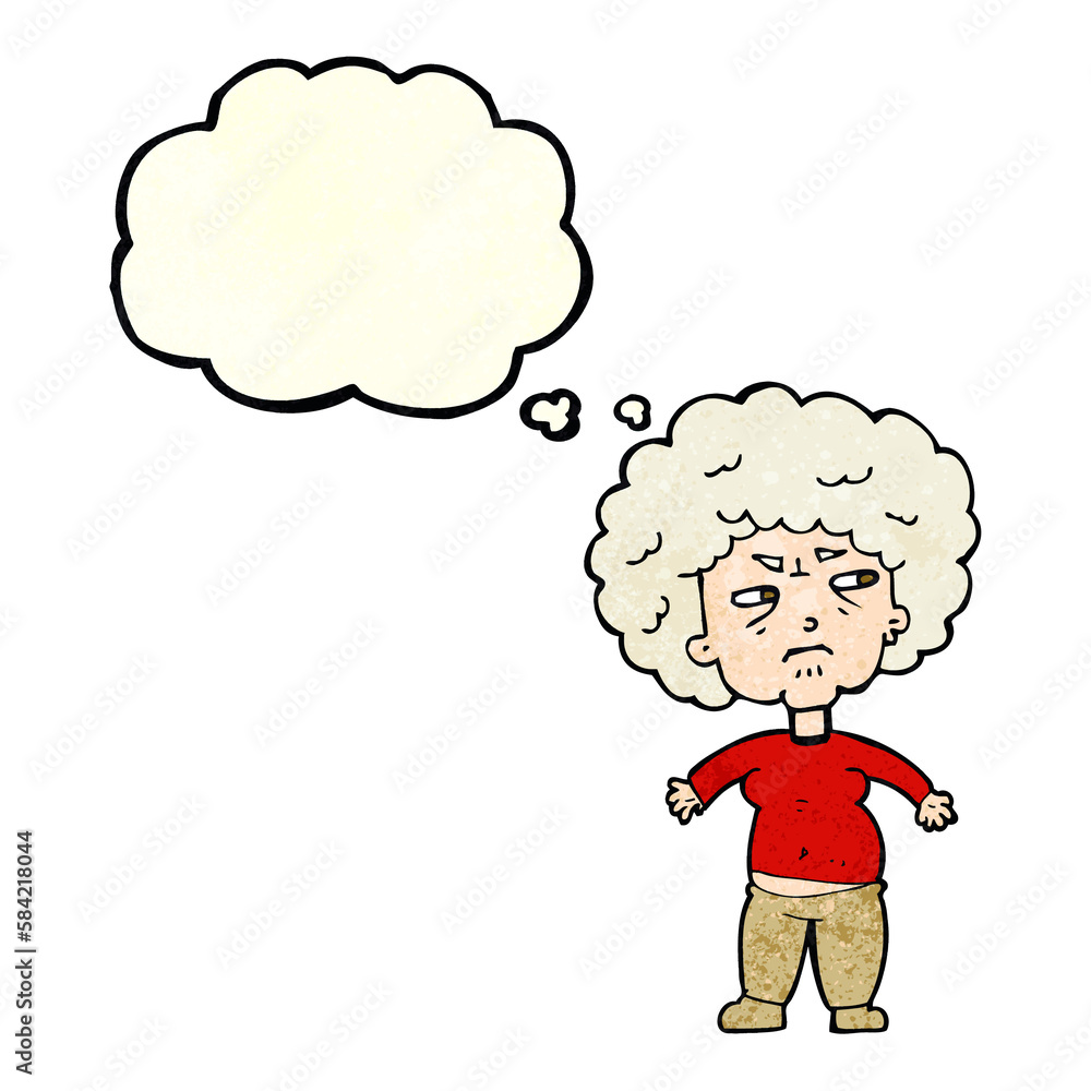 cartoon annoyed old woman with thought bubble