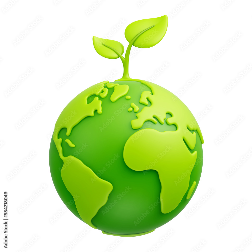 Green cartoon planet Earth with sprout and leaves 3d vector icon on white background. Earth day, ecology, nature and environment conservation concept. Save green planet concept. PNG file