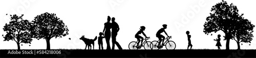 Scene of silhouette people in park or outdoor setting exercising and enjoying nature. A family are walking the dog. Cyclists are cycling their bikes or bicycles and children are playing a ball game.