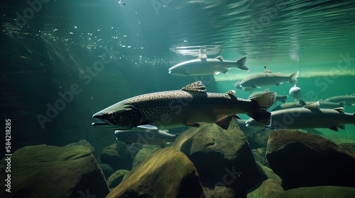 close up salmon fish swimming underwater   Generative Ai