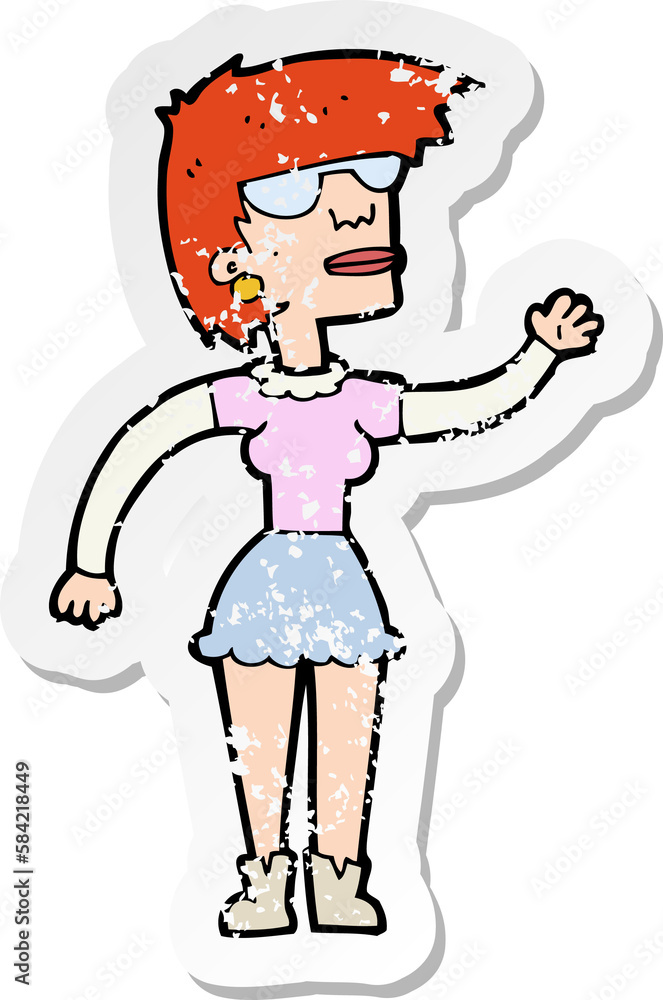 retro distressed sticker of a cartoon woman in spectacles waving retro distressed sticker of a cartoon woman in spectacles waving