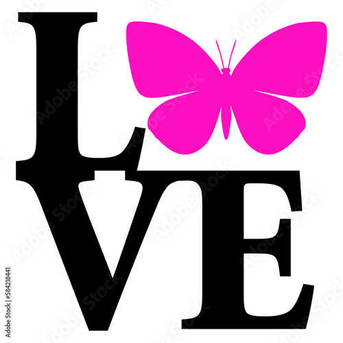 Logo aislado con letras palabra Love en texto manuscrito con silueta de mariposa rosa en lugar de letra o