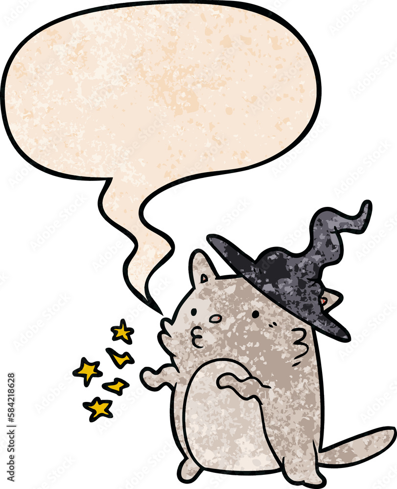 magical amazing cartoon cat wizard and speech bubble in retro texture style magical amazing cartoon cat wizard and speech bubble in retro texture style