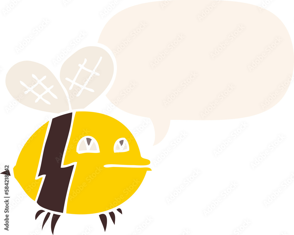 cartoon bee and speech bubble in retro style