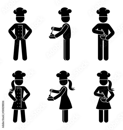 Stick figure man woman chef cook vector illustration set. Stickman kitchener standing front side view in working uniform icon pictogram