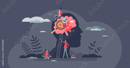 Mental health awareness with psychological therapy tiny person concept. Emotions and feeling control with psychologist session or assistance vector illustration. Neurology patient with positive mind.