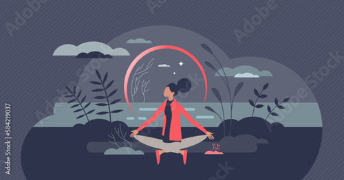 Mindfulness and emotional mind control with mental peace tiny person concept. Calm meditation or yoga with lotus posture and breathing practice vector illustration. Emotional and spiritual healing.