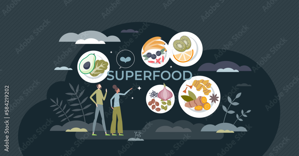 Superfoods as healthy products eating for health benefits tiny person ...