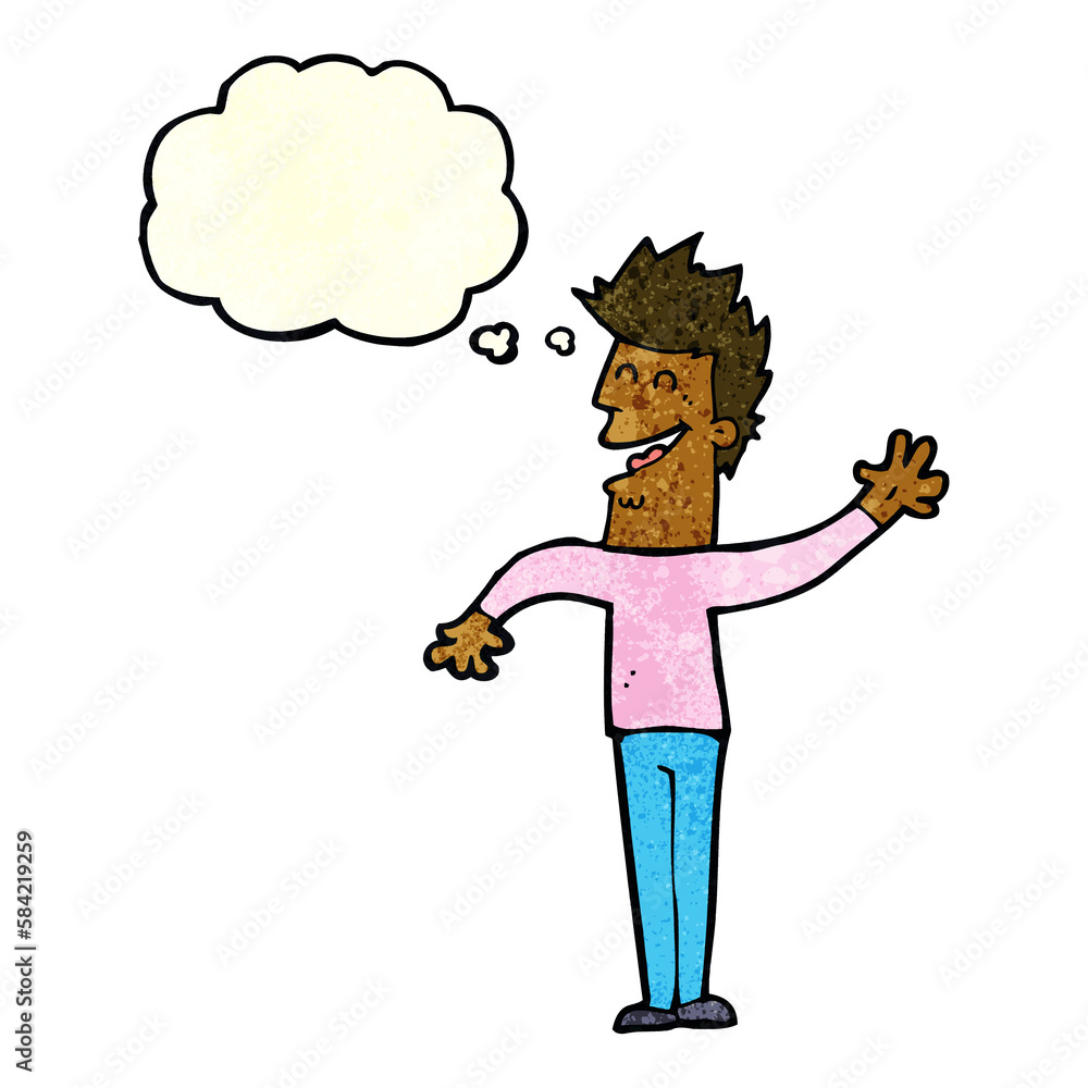 cartoon happy man waving with thought bubble cartoon happy man waving with thought bubble