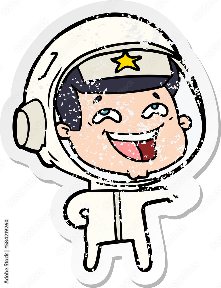 distressed sticker of a cartoon laughing astronaut