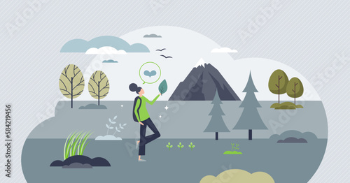 Digital detox and detoxification with walking in nature tiny person concept. Stop addictive scrolling and start go outside for freedom of cyberspace and gadgets vector illustration. Relax from online