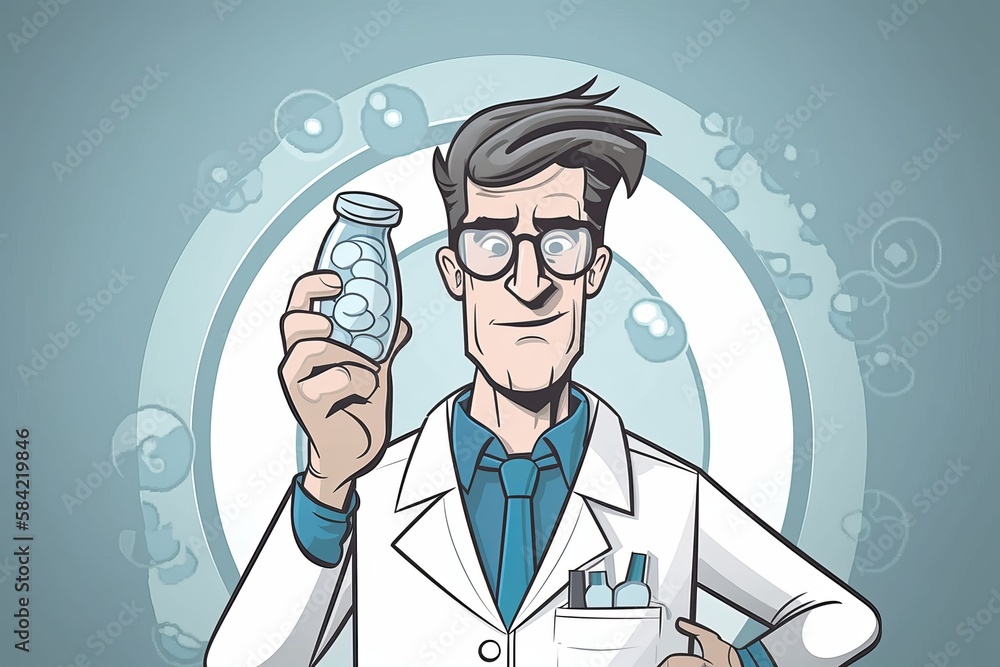 Happy Doctor Character Advertising New Pills in Cartoon Style, Generative AI Happy Doctor Character Advertising New Pills in Cartoon Style, Generative AI