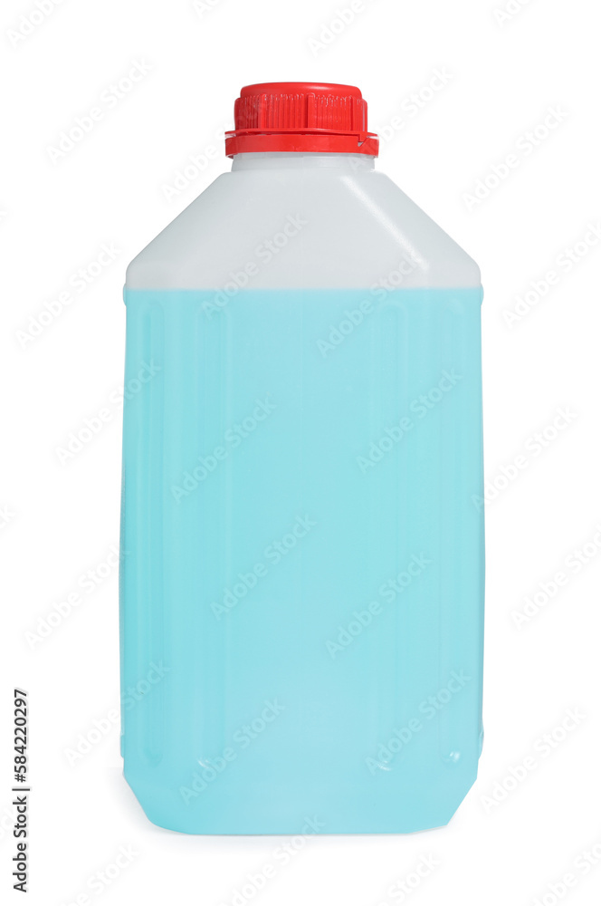 Plastic canister with blue liquid isolated on white Plastic canister with blue liquid isolated on white