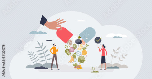 Nutritional supplements and healthy pills with vitamins tiny person concept. Natural pharmaceutical drug with amino acids, microelements and antioxidants vector illustration. Alternative meal or food