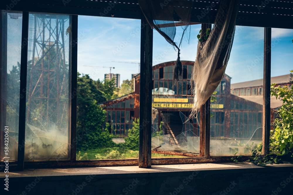 Obraz premium interiors and machinery, plants retaking possession of a disused abandoned industry, former cotton mill, industrial production