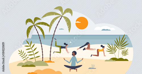 Wellness retreats with sport activities and yoga at beach tiny person concept. Stretching exercises, meditation and energy workout in luxury tropical vacation vector illustration. Healthy lifestyle.
