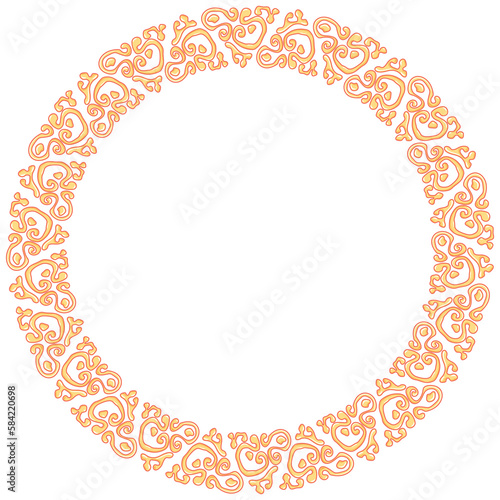 Oriental round frame with arabesques elements for branding, badge, print, sticker or labels. Floral meander border with vintage golden round pattern. Slavonic ornament. Vector background