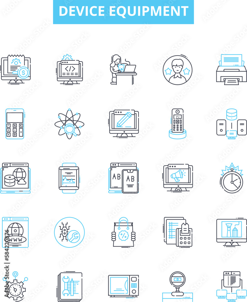 Device equipment vector line icons set. Device, Equipment, Electronics, Gadget, Appliance, Machinery, Tools illustration outline concept symbols and signs