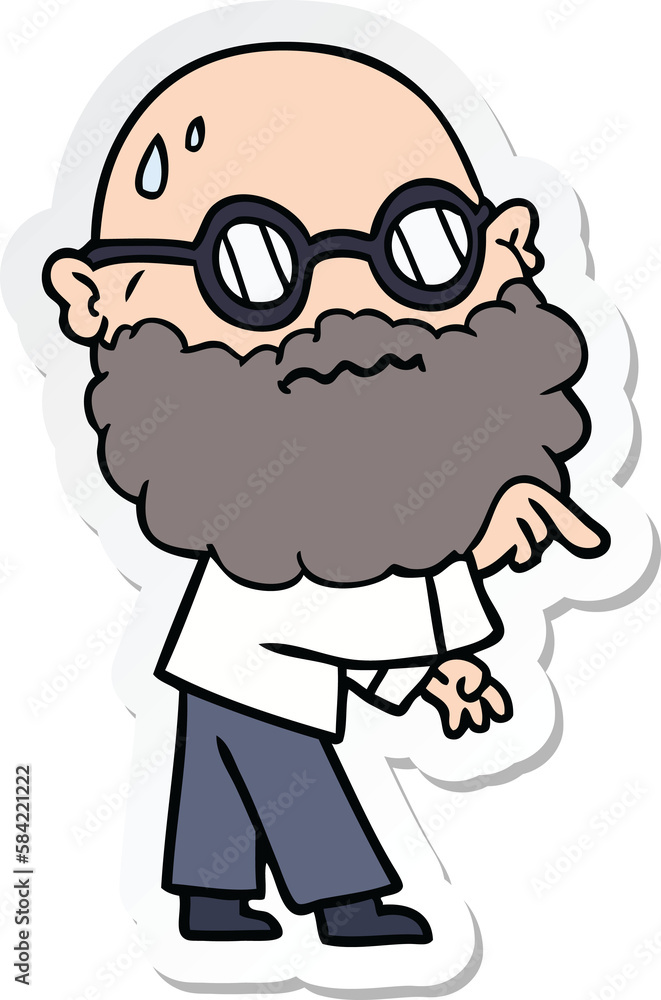 sticker of a cartoon worried man with beard and spectacles pointing finger