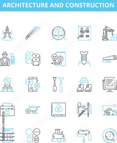 Architecture and construction vector line icons set. Architecture, Construction, Building, Designing, Structural, Blueprint, Planning illustration outline concept symbols and signs