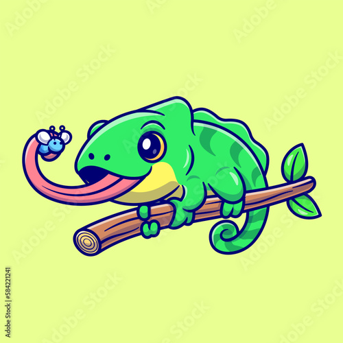 Cute Chameleon Eating Bug Cartoon Vector Icon Illustration. Animal Nature Icon Concept Isolated Premium Vector. Flat Cartoon Style
