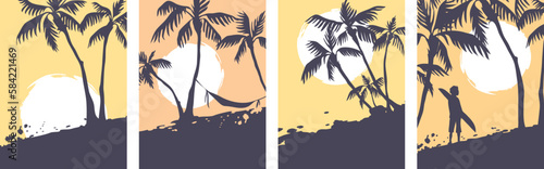 Abstract tropical landscape. Collection vector illustrations. Sunset in the tropics with palm trees.	
